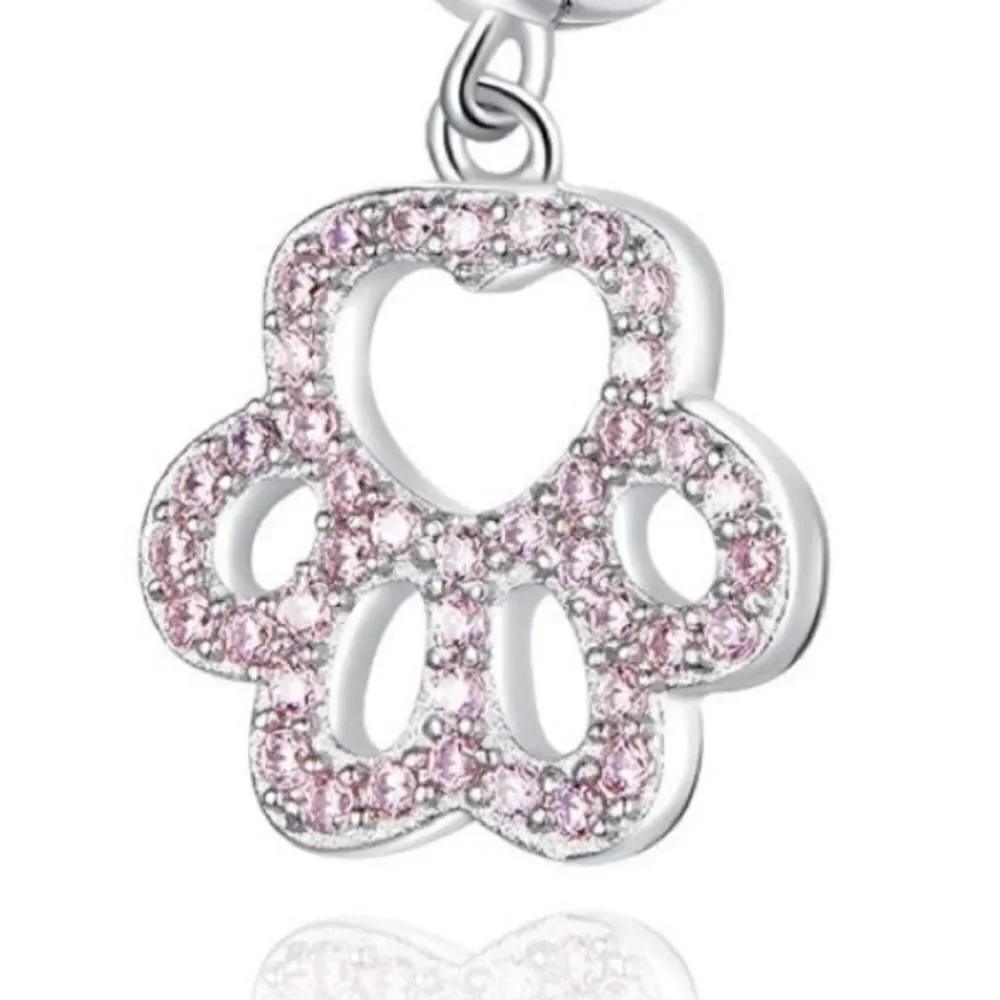 925 Sterling Silver with Pink Sapphire and Diamond Paw Print Huggie Earrings